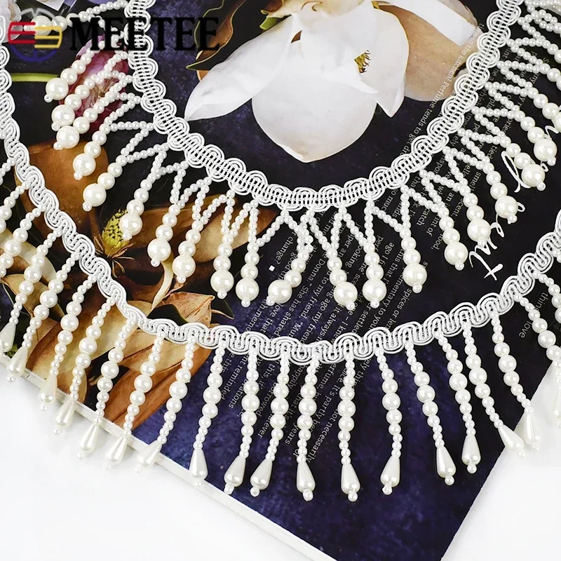 1/2Yards Pearl Beaded Tassel Fringe Sewing Lace Trim Ribbon Curtains Dress Decoration Tassels Trimmings DIY Crafts Accessories
