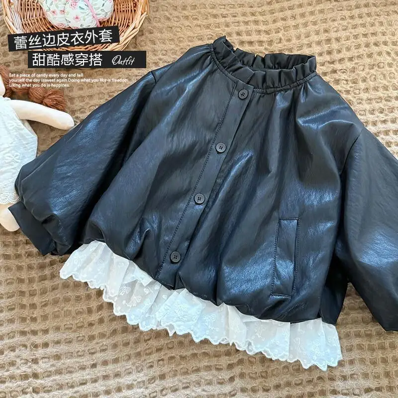 

Весна-Осень 2024, кожаная куртка для девочек, топы с кружевным подолом, новое модное пальто с длинными рукавами и круглым вырезом, крутая стильная детская одежда