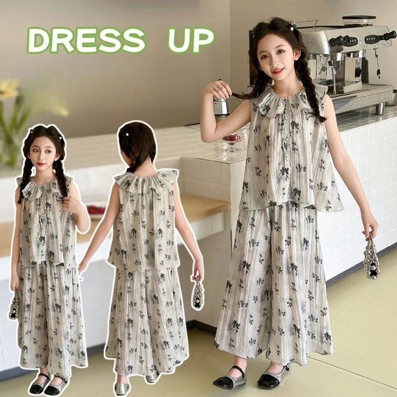 

Girls Summer Clothing Set Fashion Children Floral Sleeveless Top + Casual Wide-Leg Pants Two-Piece Set 2025 New