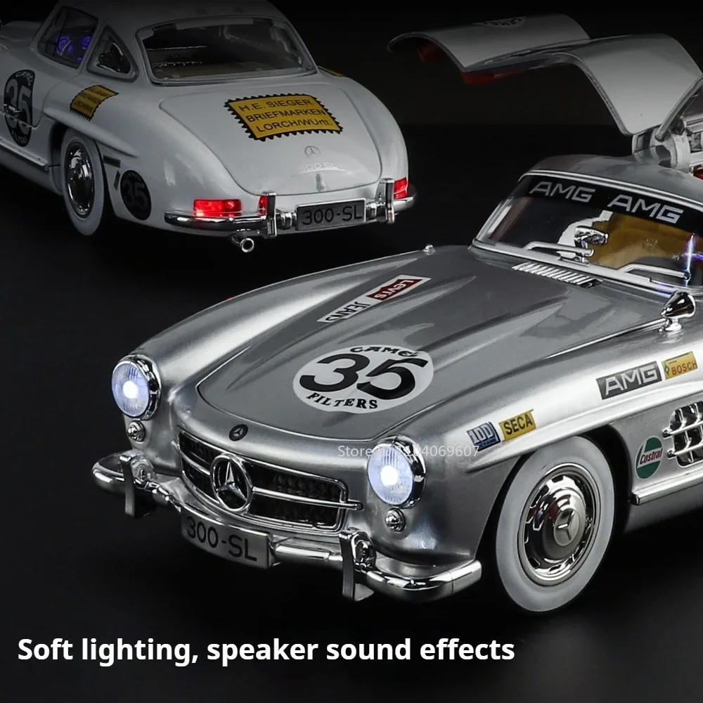 1:18 300sl modelo de brinquedo em miniatura carros vintage liga diecast som luz portas abertas absorção choque para crianças presentes natal