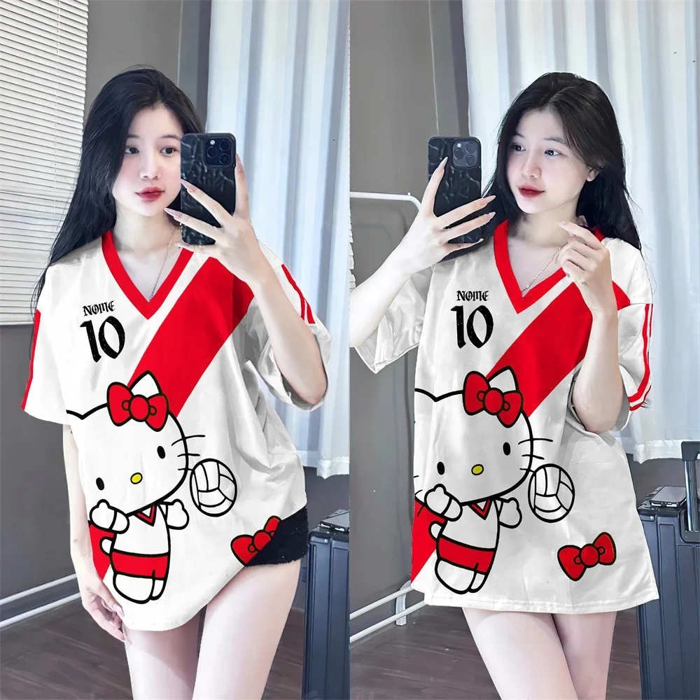 

2025 Новая розовая летняя спортивная футболка с 3D принтом Hello Kitty и v-образным вырезом, милая уличная одежда для женщин, свободный топ в стиле хип-хоп