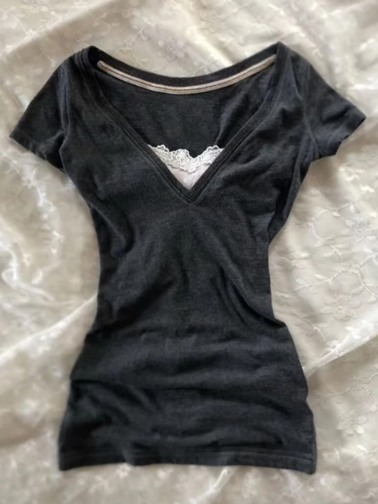 2000s Harajuku Vintage Slim Short Sleeve T Shirts Y2k Summer American Streetwear Tees Women Subculture Casual Fake 2 Piece Tops
