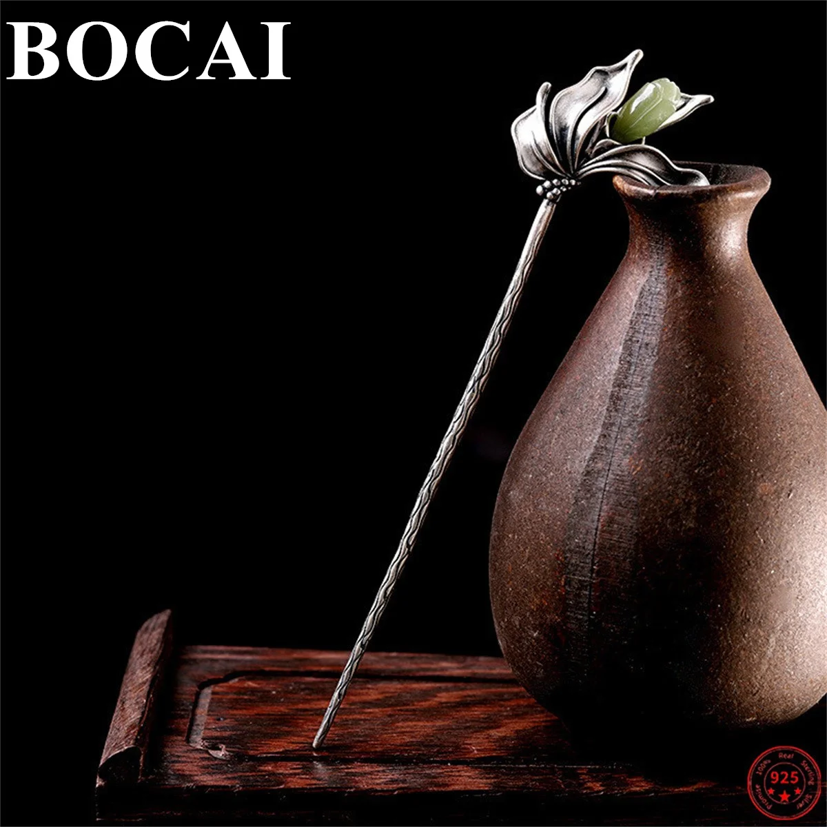 bocai s925 prata esterlina acessorios para o cabelo retro flor hetian jade headdress puro argentum hairpin charme joias para mulher 01