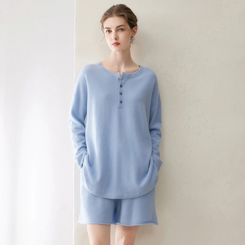 High Quality Women's 100% cashmere sweater casual solid color knitted pullover loose Henry collar Blouse warm Tops Jumper