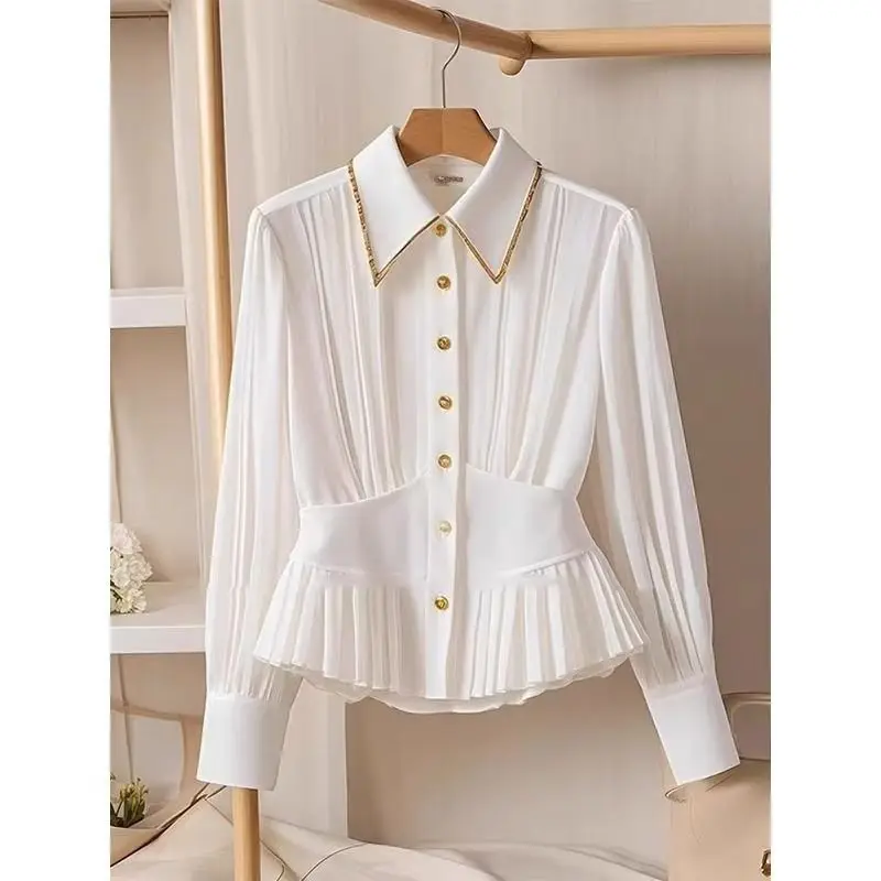 French High-iron White Shirt Label Cardigan Shirts Women Long Sleeve Casual Korean Office Lady Elegant Blouse Autumn Slim Tops