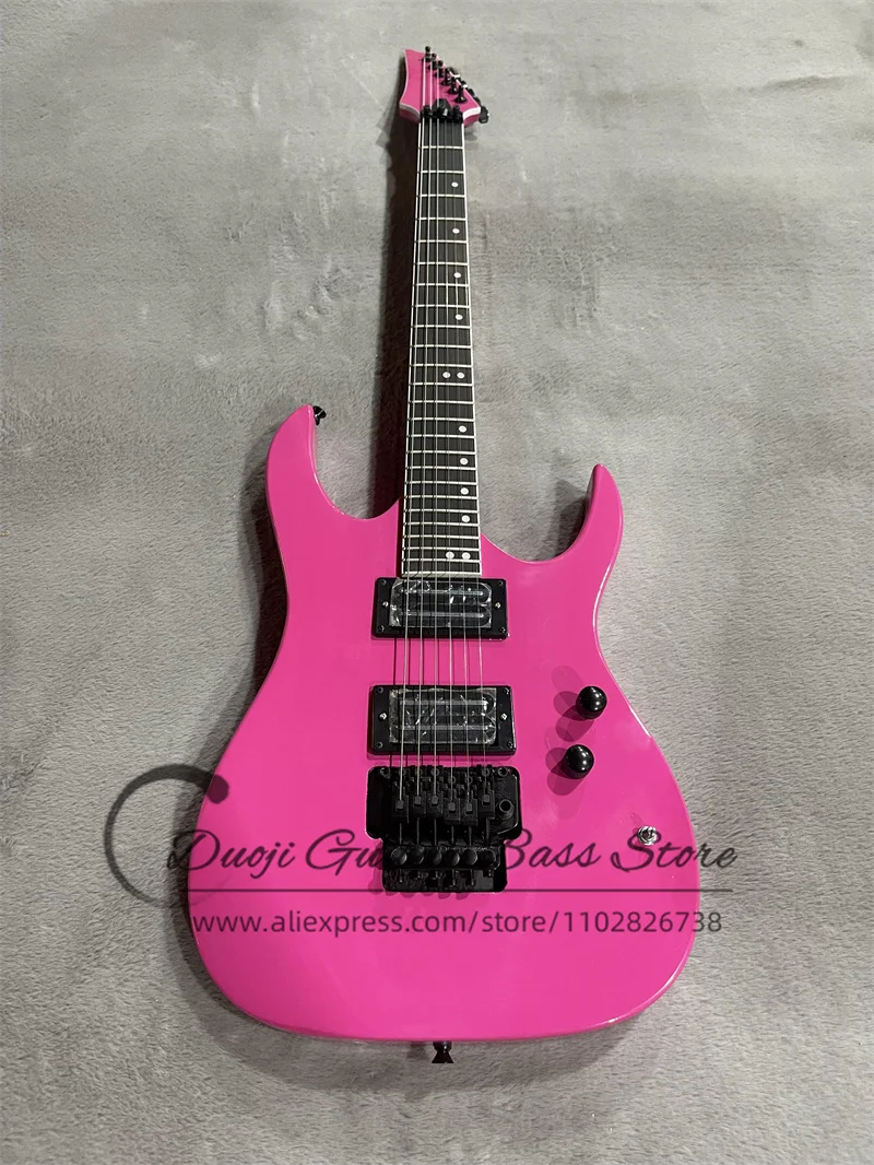 Factory Pink Electric Guitar Pink Neck Rosewood Fingerboard 24 Frets Tremolo Bridge HH Pickups Black Tuners Customization