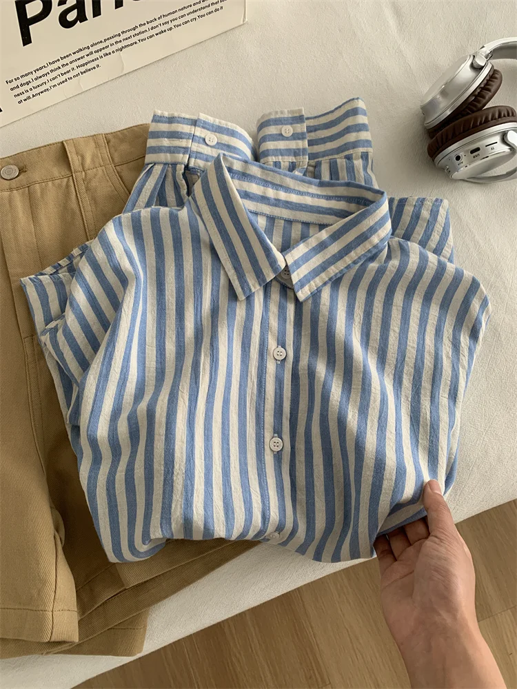 Blue Linen Striped Shirt for Women in Summer, Thin Sagging, Lazy and Slimming, Sun Blouse