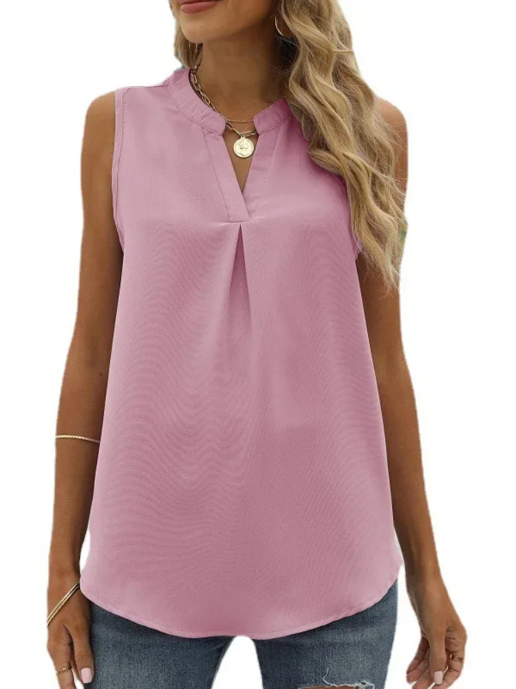 Women's Solid V-Neck Chiffon T-Shirt, Sleeveless Tops, Summer