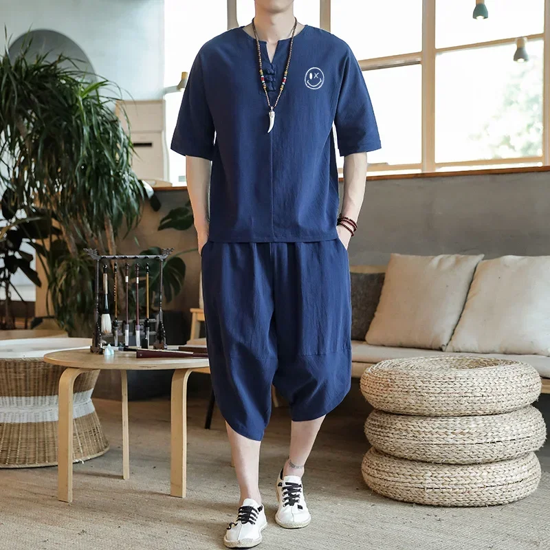 Japanese Style Suits Kimono Short-Sleeved T-shirt Pants Two Piece Men Tops Trousers Male Japan Harajuku Yukata Cardigan Costume