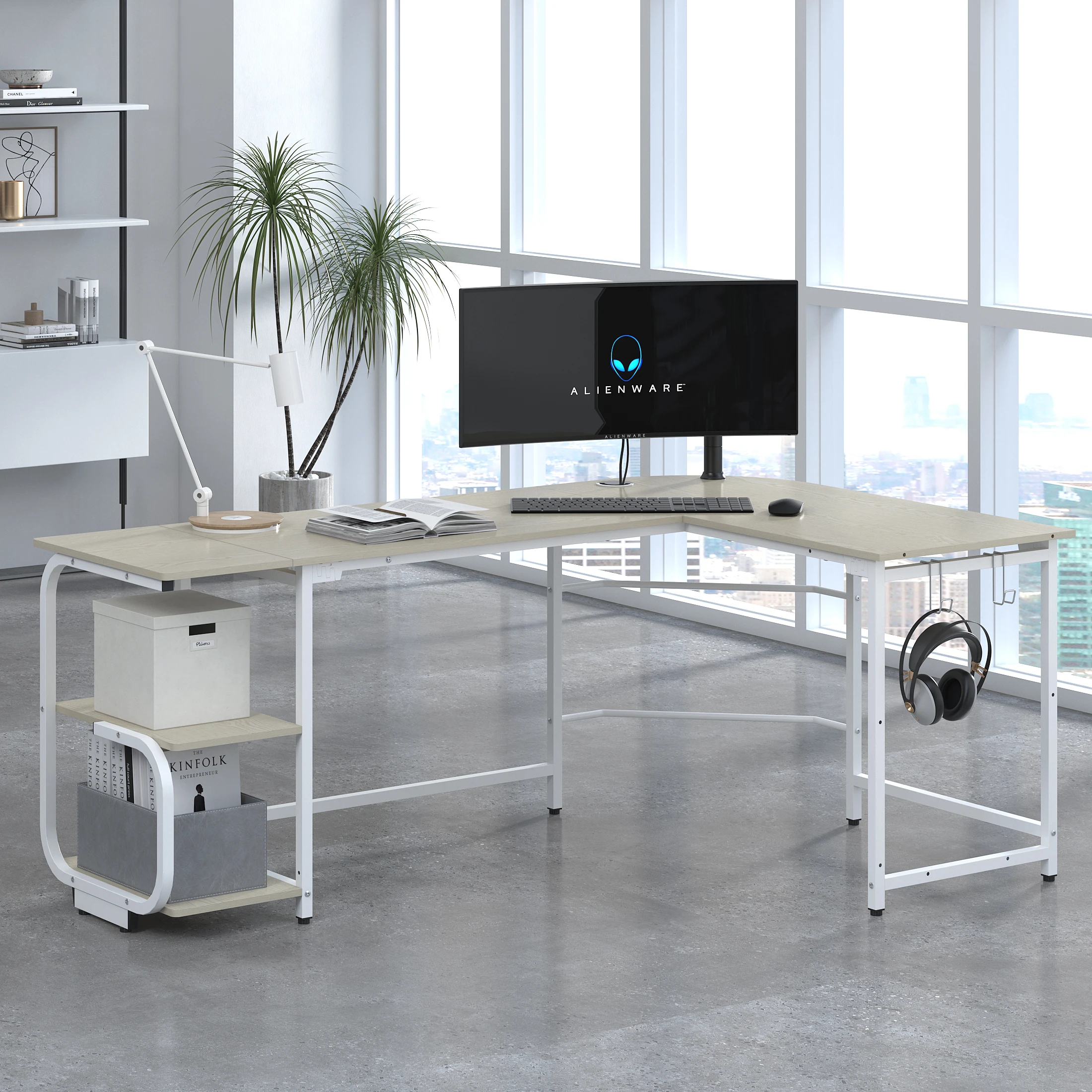 مكتب ألعاب على شكل حرف L مع أرفف تخزين، مكتب كمبيوتر زاوية حديث قابل للعكس على شكل حرف L للمكتب المنزلي، بيج