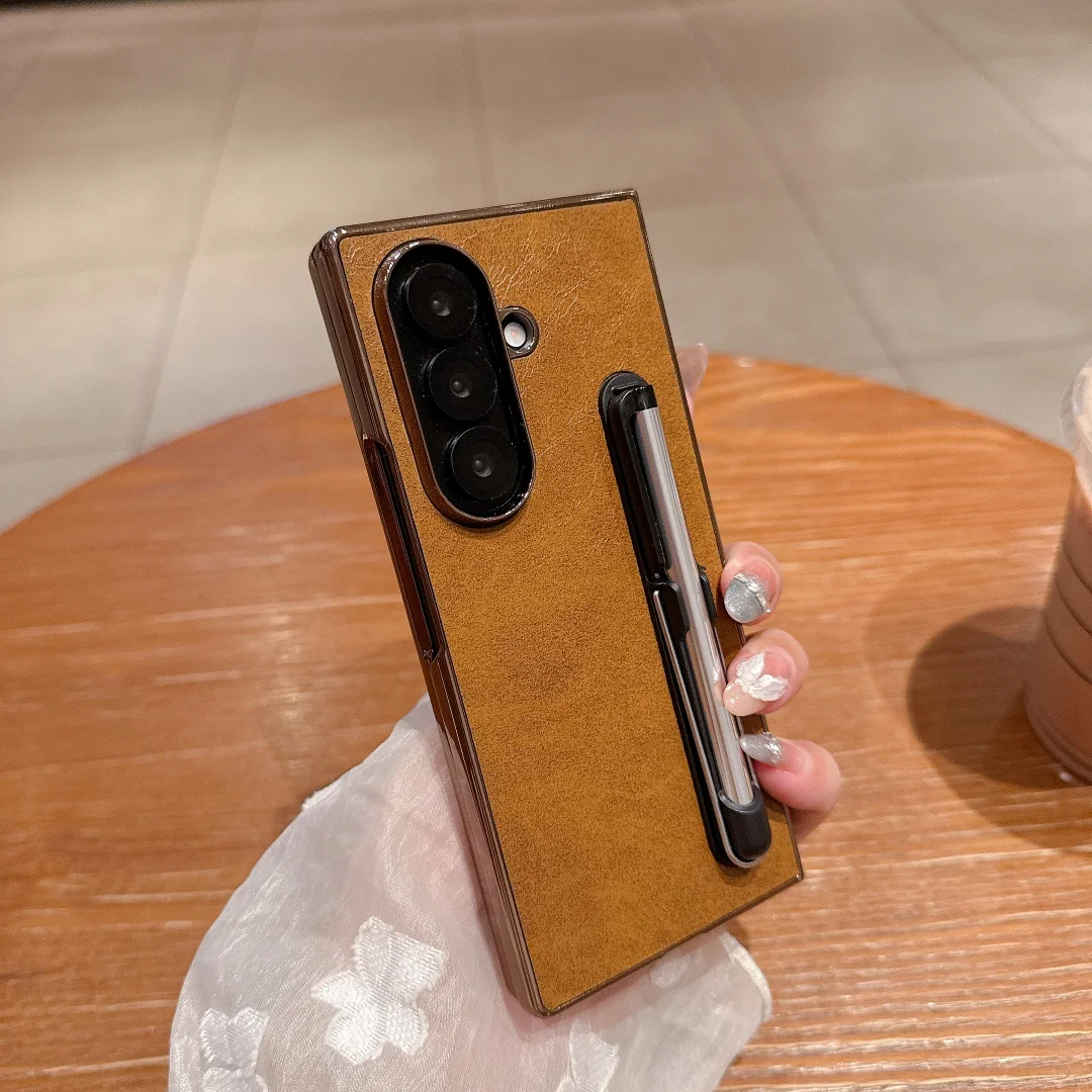 

Чехол для Samsung Galaxy Z Fold 7, сетчатый слот для ручки, кожаный защитный чехол для телефона, задняя крышка