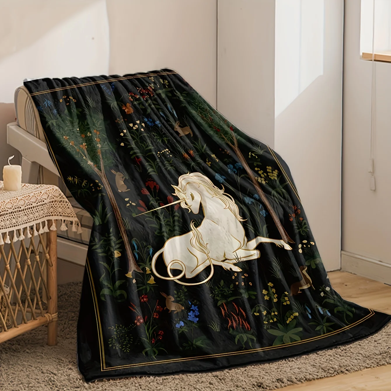 

1 шт. волшебное одеяло с единорогом и лесом, уникальный аксессуар для домашнего декора с мифическими существами, отлично подходит для детских вечеринок, Рождества