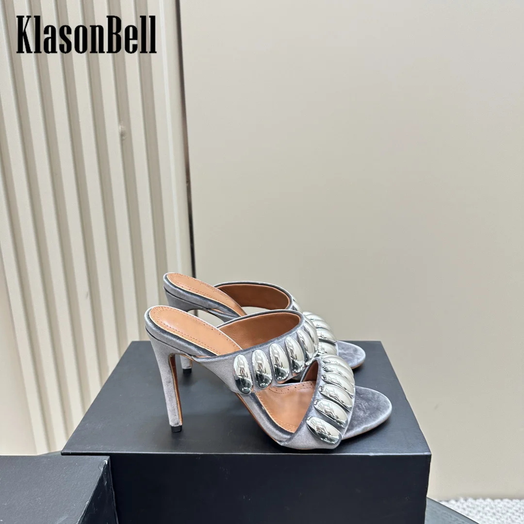 7.3 KlasonBell Female 2024 New Velvet Metal Decoration Women Slippers T-Strap Thin High Heel Sheepskin Sandals