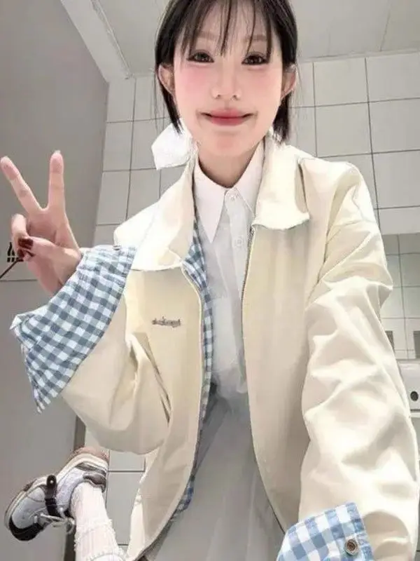 

Student Style Short Plaid Jacket Women's Loose Fit Double Sided Wear Turn-down Collar Couple's Fashion Breathable Casual Top