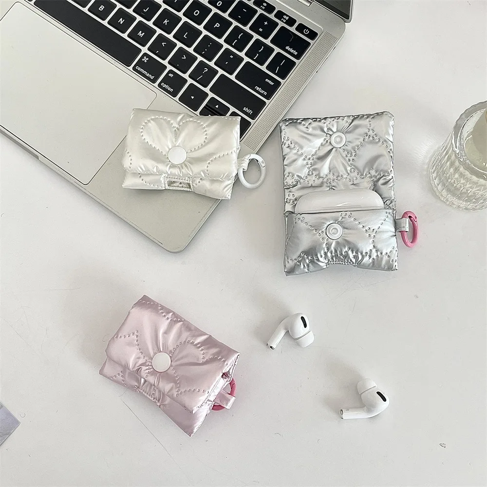 Balletcore Heart Earphone Bag Korean Style PU Leather Bow Headphone Storage Bag Silver Pink Bluetooth Headset Earphone Case
