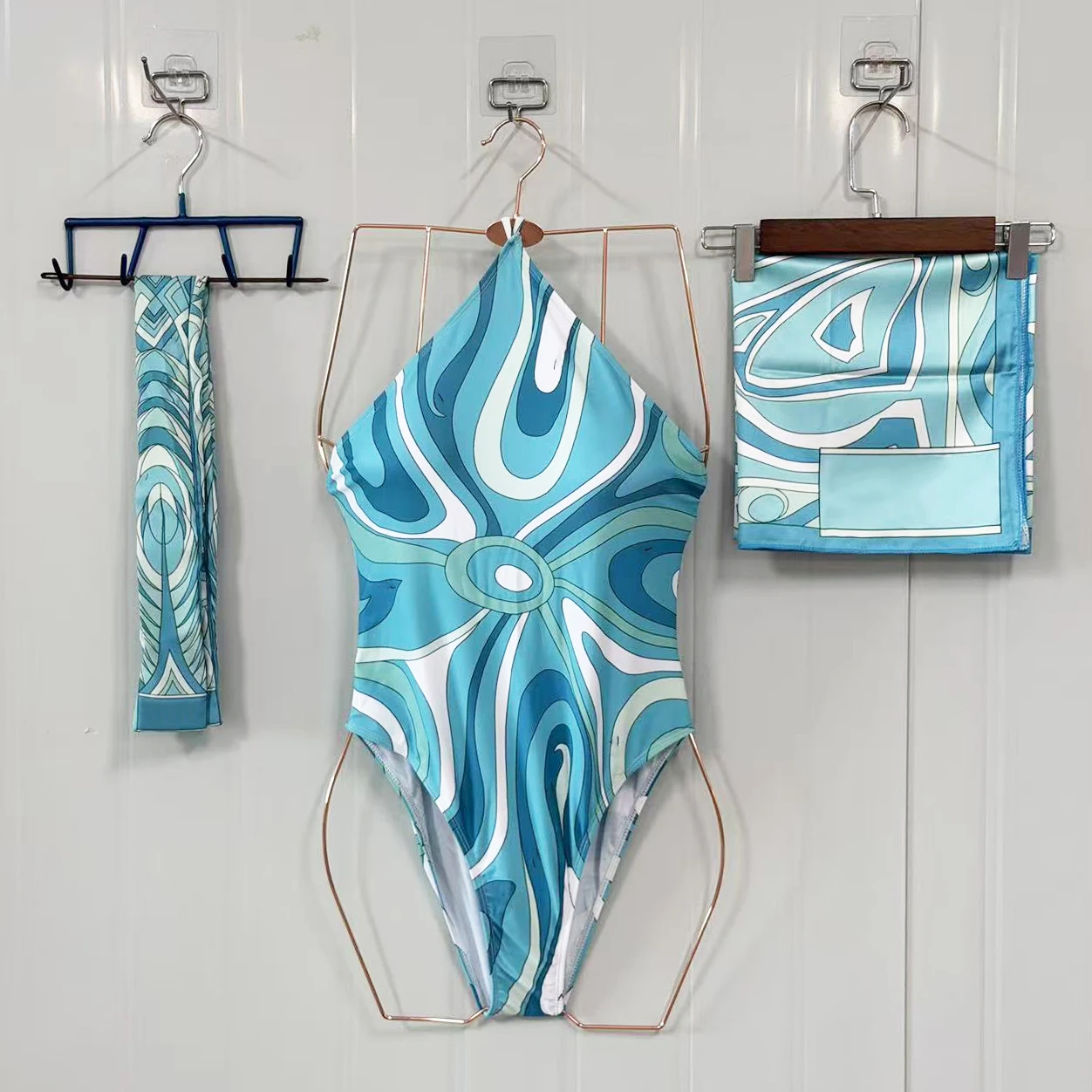 Classic Design Women's Cyan Ribbon Scarf Swimsuits with Signature Letter Logo Luxury Brand Women's One-Piece Swimsuits Swimwear