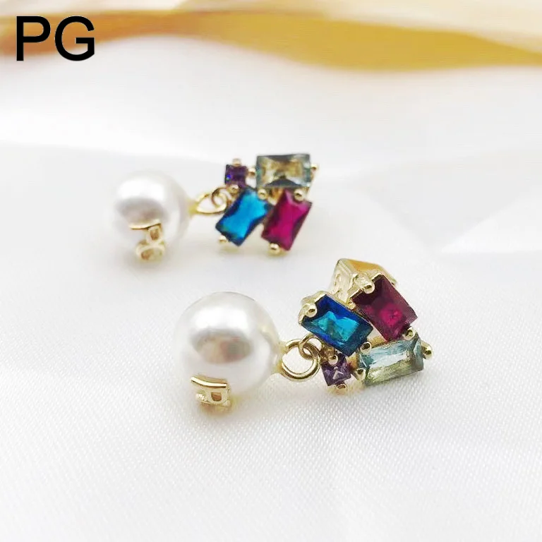 PG Pearl Drop Earrings Emerald Zircon Gold Plated Trendy Fashion Jewelry For Women Daily Party Styling Accessory