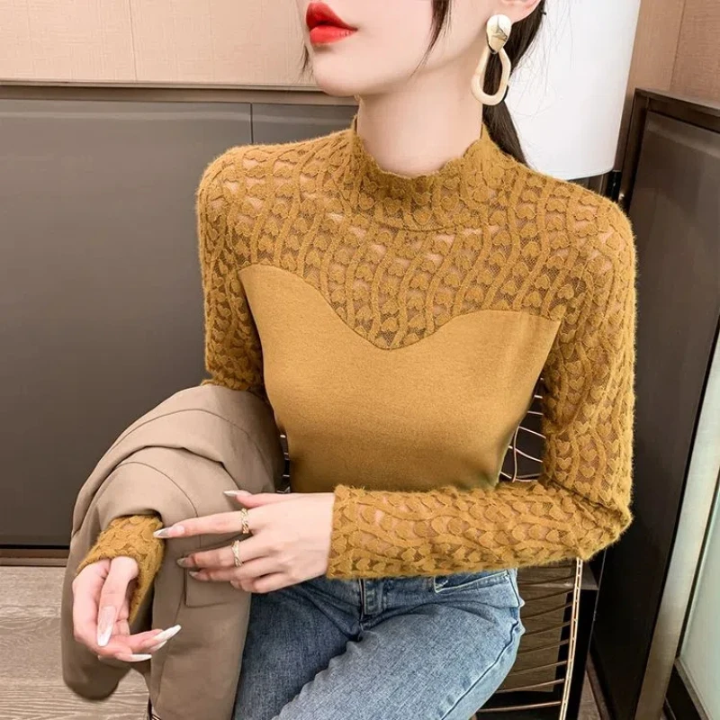Korean Fashion Autumn Winter Women\'s Mock Neck Solid Lace Hollow Warm Elegant Long Sleeve Loose Pullovers Bottoming Shirt Tops