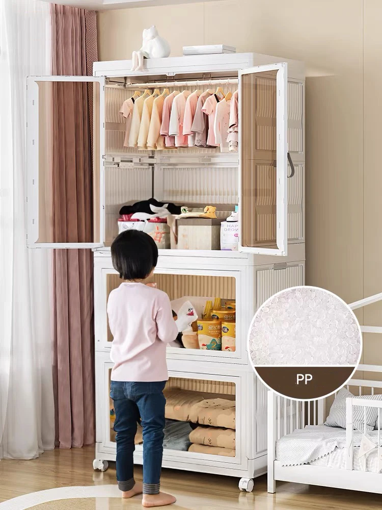 Folding Wardrobe Transparent Plastic Storage Cabinet With Pulleys For Household Storage Box Of Groceries Organizer Drawer Bins