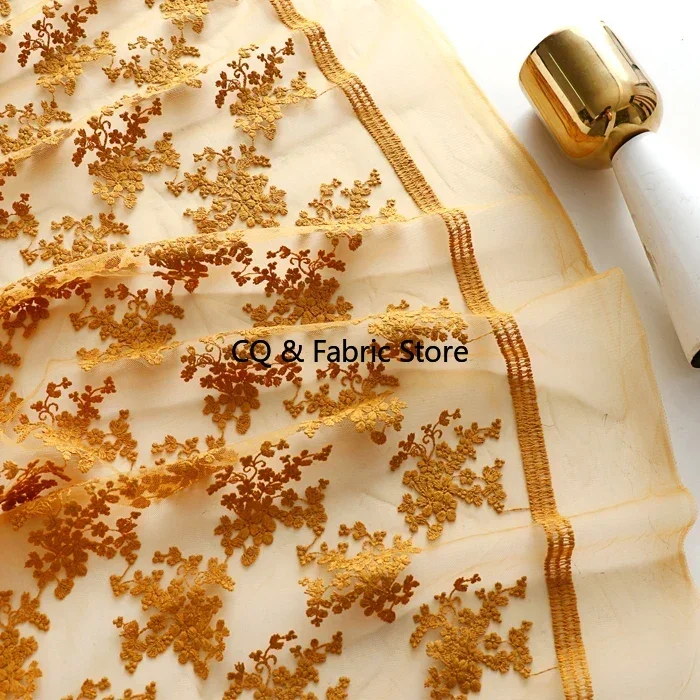 High-Density Mesh Cotton Thread Embroidery Fabric Ginger Yellow Soft Yarn Lace Fabric Dress Cheongsam Garment Fabric Diy Handmad