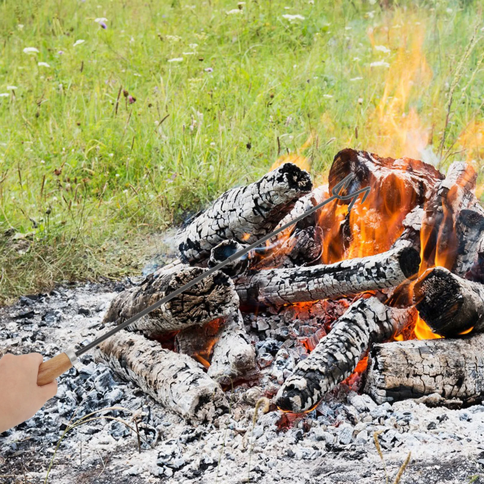 قسمين طويلة مقبض النار بوكر الثقيلة حفرة معدنية للحريق أداة في الهواء الطلق الموقد الخشب موقد النار بوكر للتخييم #5