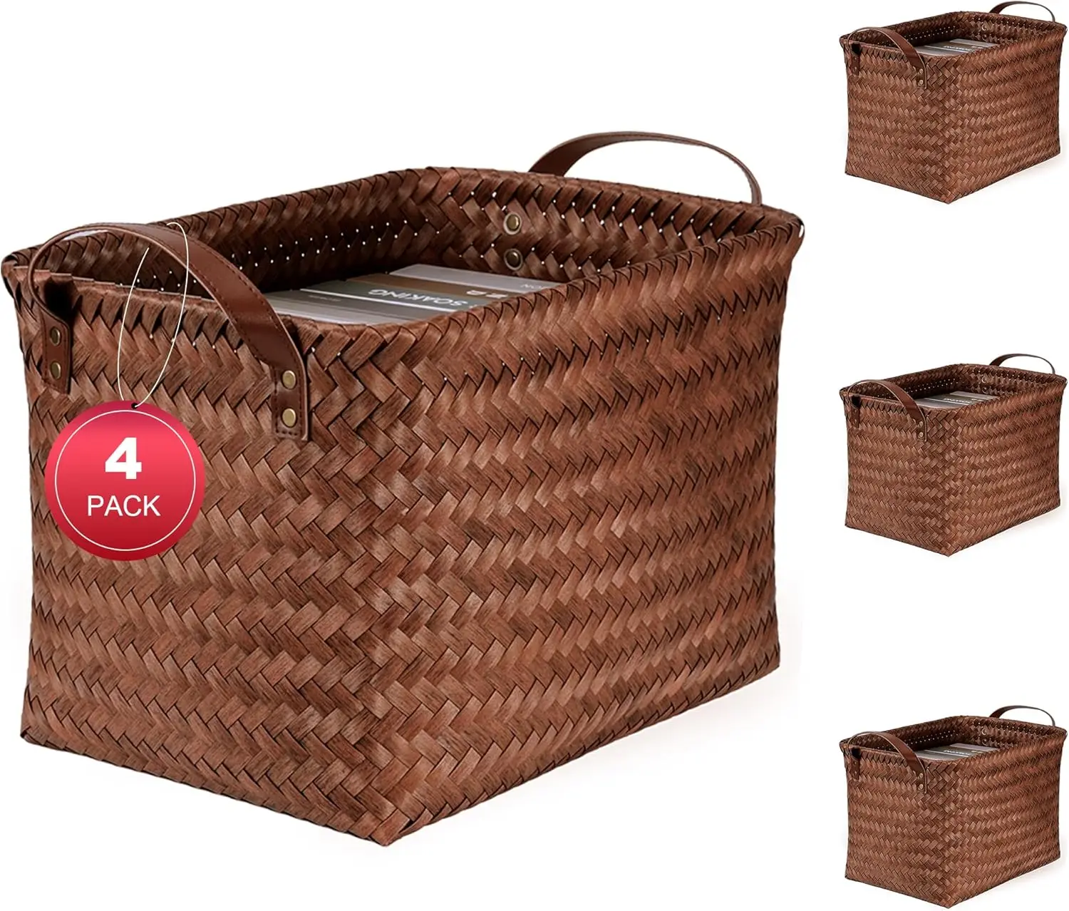 

Four Pack 15L Waterproof Laundry Baskets with Leather Handles for Bedroom Bathroom Pantry