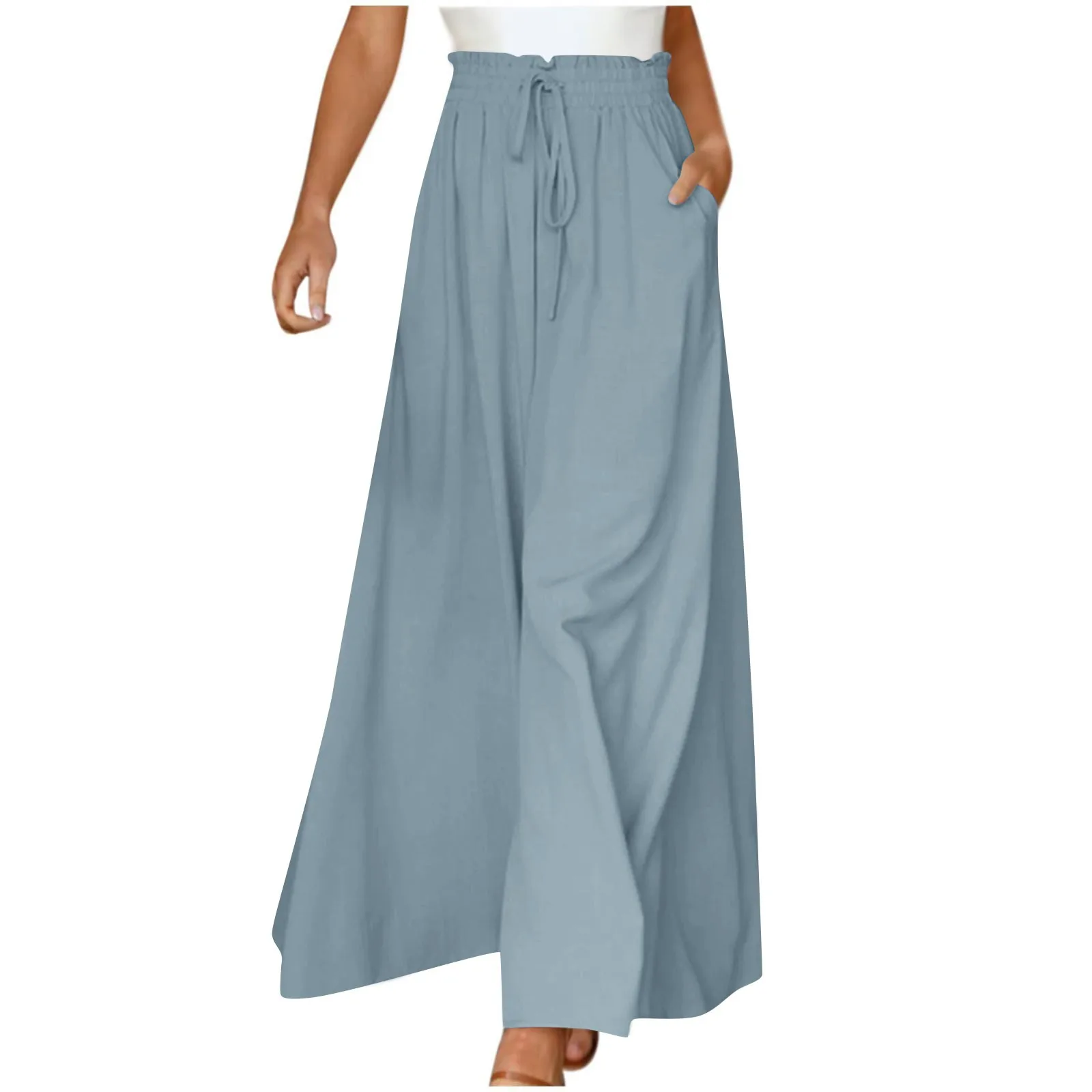 2023 Fashion Women's Pants Loose Solid Color Trousers Elastic Belt Wide Leg High Waist Long Culottes 2023 Ladies Pants