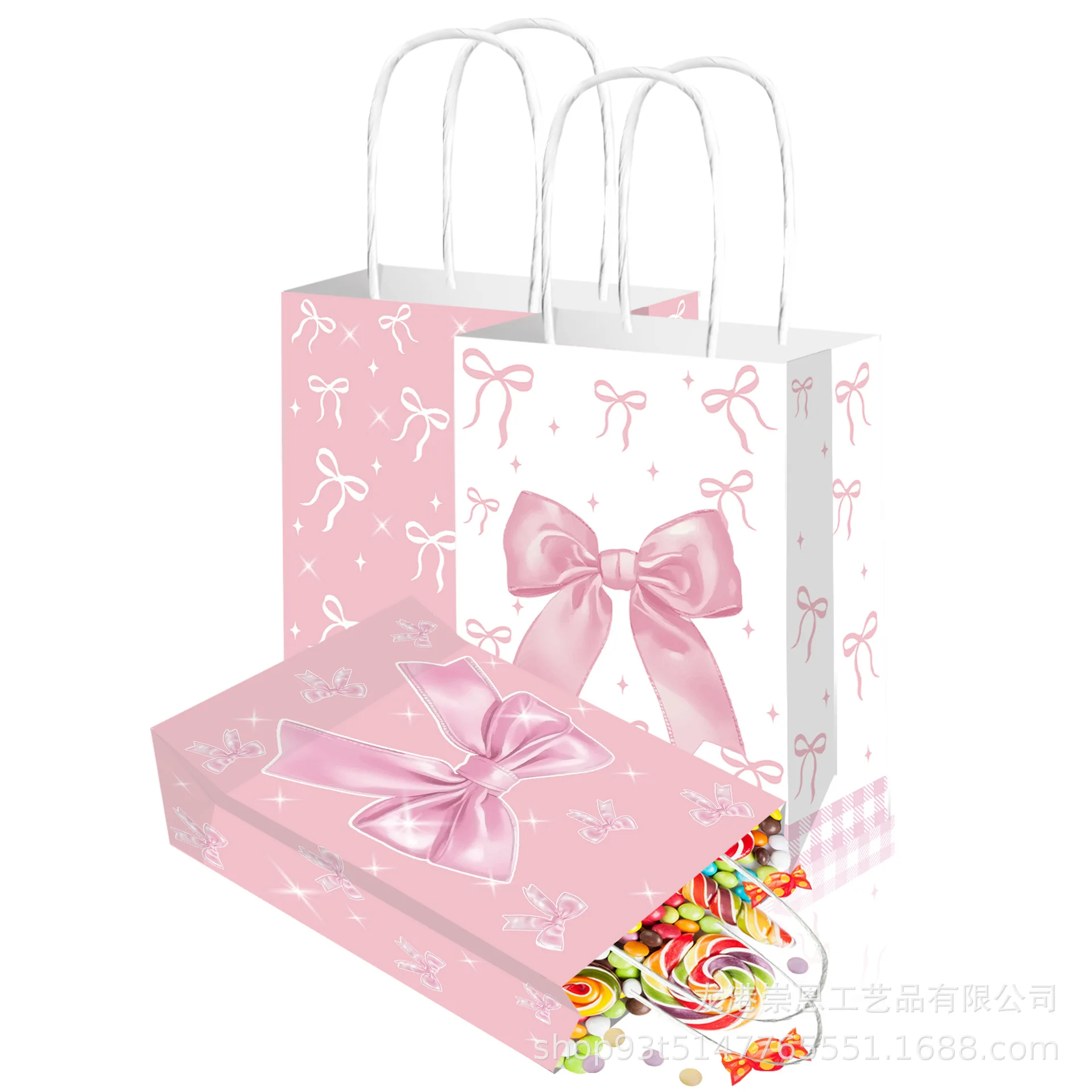 6/30pcs Pink and White Bow Handheld Paper Bag Gift Bag Valentine\'s Day Engagement Baby Shower Girls Birthday Party Supplies