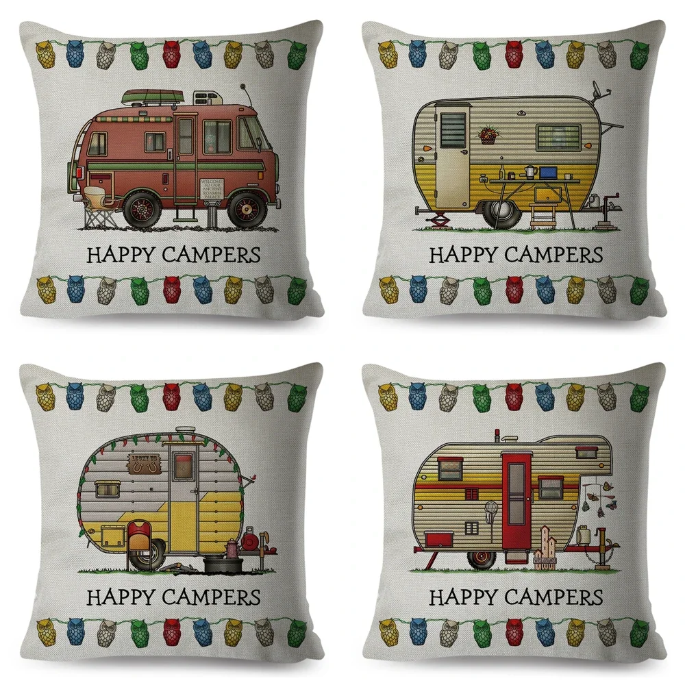 Happy Camper Pillowcase Decor Cartoon Travel Car Printed Pillow Case for Home Sofa Children Room Polyester Cushion Cover 45x45cm