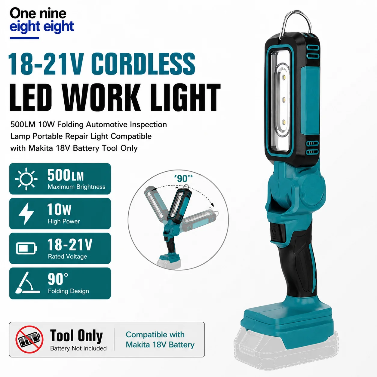 Cordless LED Work Light 18-21V 500LM 10W Folding Car Repair Inspection Lamp Portable Workshop Light for Makita 18V Battery Bare