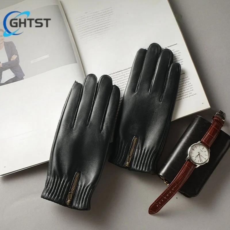 Fashion New Winter Real Leather Gloves Men Brown Genuine Goatskin Touch Screen Glove Warm Soft Driving