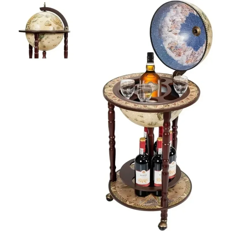 Mueble Bar con Globo Terráqueo de Madera, Réplica Italiana del Siglo XVI, para Licores, Vino, Copas, Carrito Vintage para Bebidas Alcohólicas