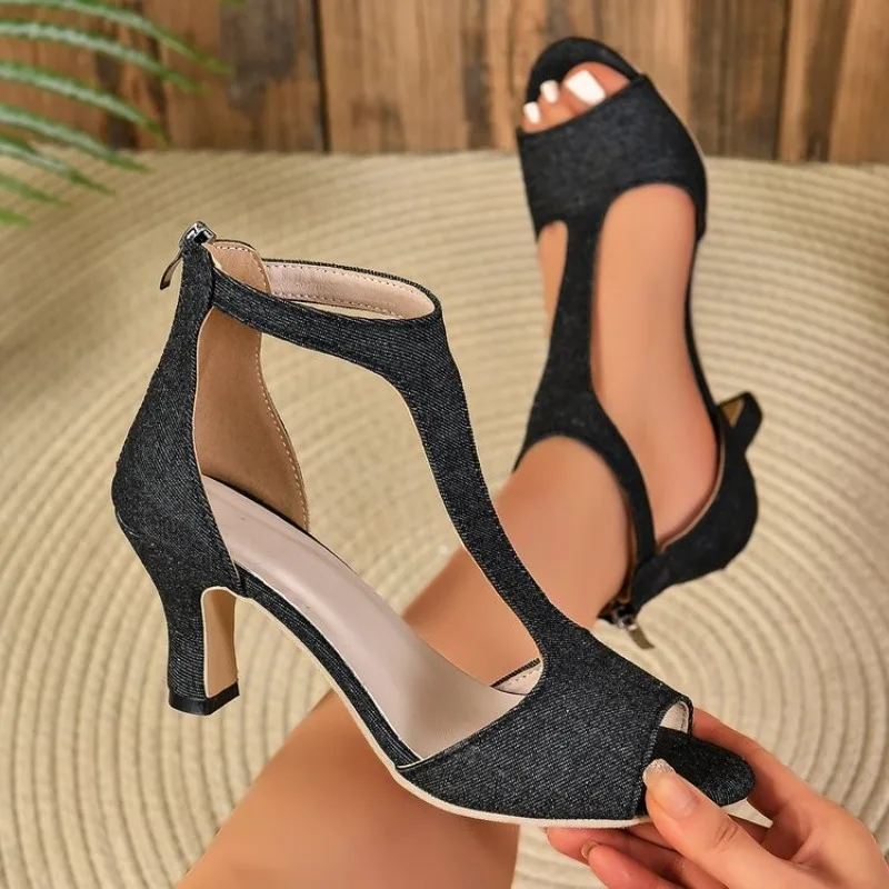 Nieuwe Trend Vrouwen Denim Rome Sandalen Hoge Hakken Sexy Vrouwen Zomer Designer Feestschoenen Jurk Open Teen Slippers Merk Dia 'S Femme