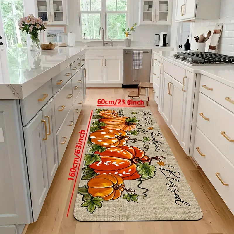 1pc Modern Kitchen Mat with Autumn Pumpkin Art Print Design - Polyester Mat for Hallway, Balcony, Bathroom, Laundry Room, Wash