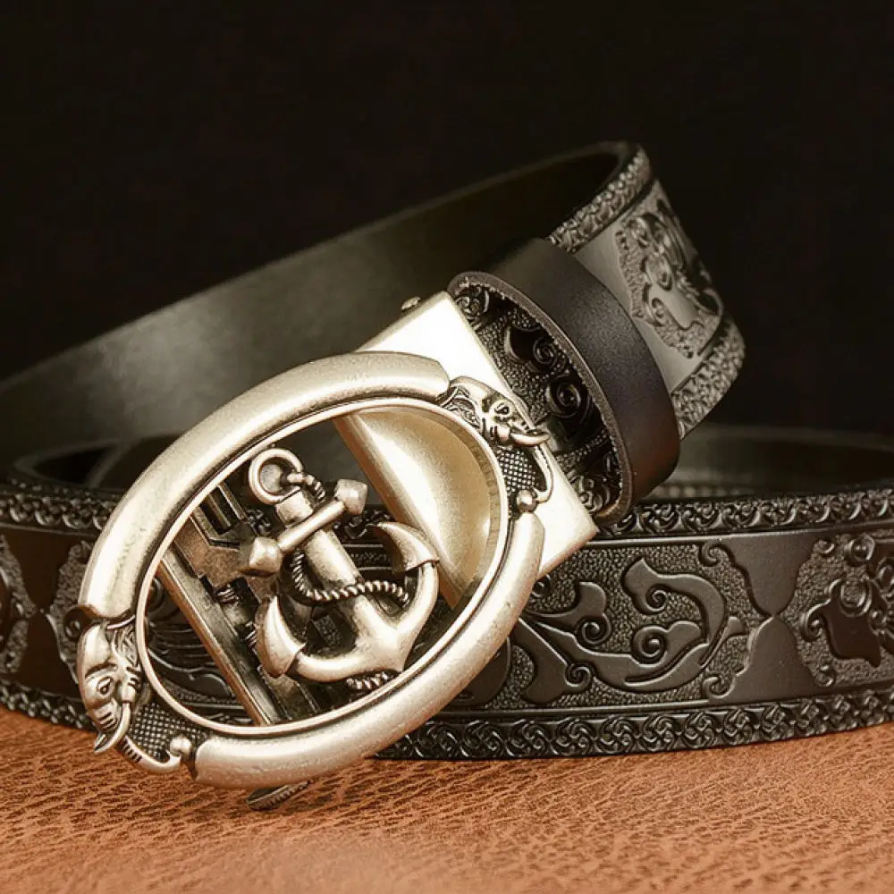 Mens Leather Belt Anchor Automatic Buckle Waistband Vintage Ethnic Style Embossed Carved Strap For Casual Jeans