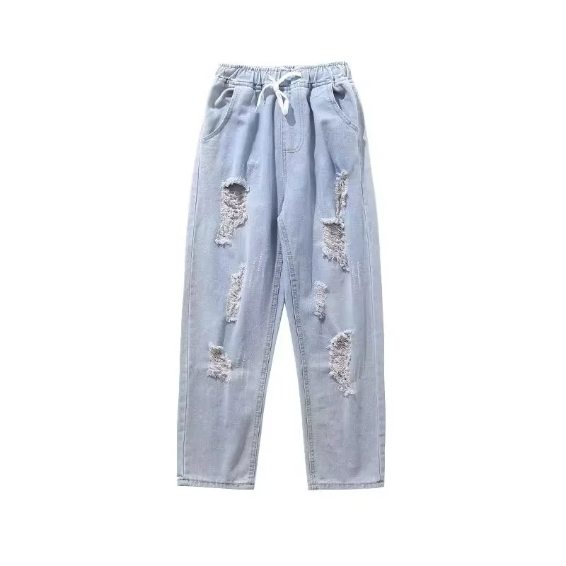 

Мужские летние тонкие рваные джинсы, трендовые свободные прямые брюки из денима до щиколотки, мужские удобные повседневные брюки в стиле High Street