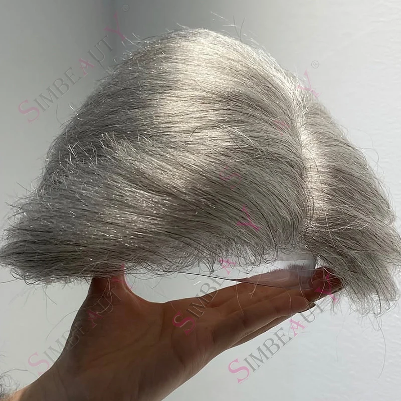 

0.03mm Thin Skin 90Density Natural Hairline 1B80 HumanHair Man Wig Undetectable Vloop Men Toupee 380# Brown Grey HumanHair Prost