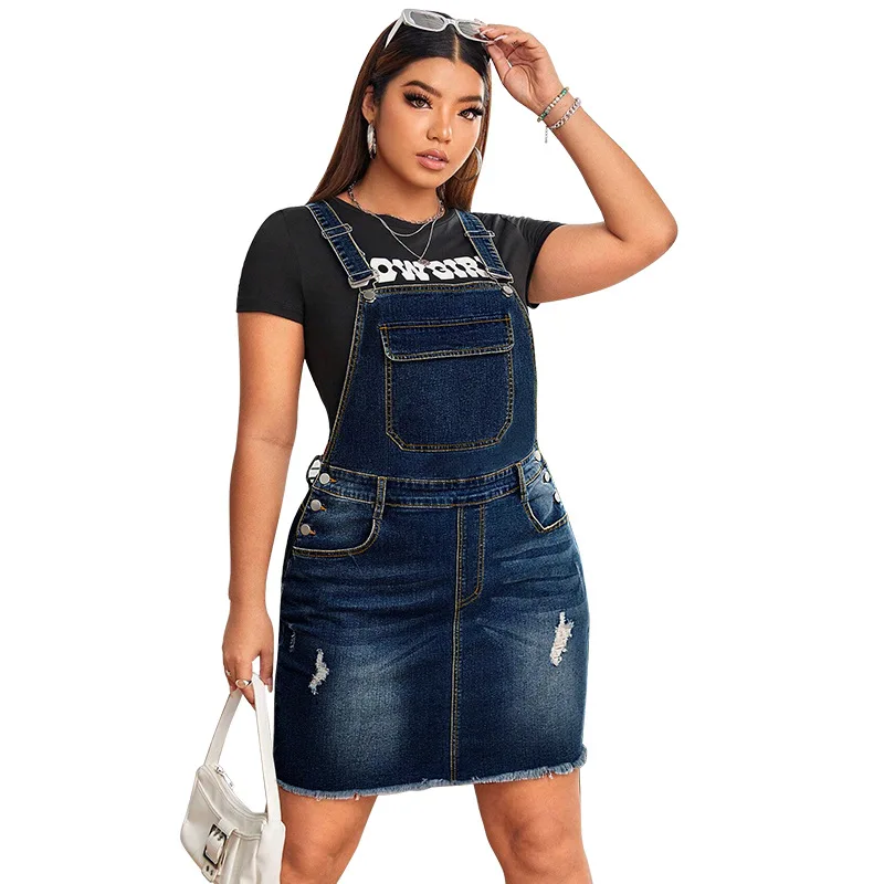 

Plus Size Women Dress 2025 Autumn Straps Pockets Buttons Ripped Denim Dresses Casual Clothing