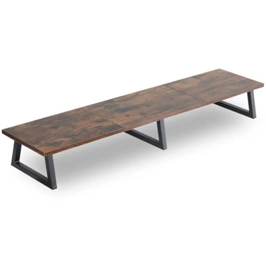 42 inch Large Dual Monitor Riser Rustic Brown Extra Long TV Stand Wood Steel Desktop Riser with Storage for Dual Screen Office