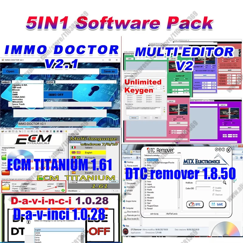 Davinci 1.0.28+IMMO DOCTOR V2.1 + MULTI EDITOR V2 +DTC Remover For KESS KTAG FGTECH + ECM TITANIUM 1.61 Unlimited Keygen tools