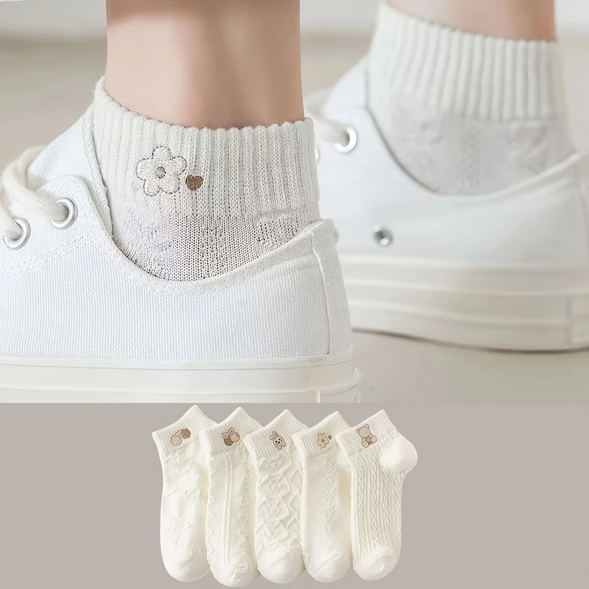 

5 пар женских носков до щиколотки — дышащая сетка с милым мультяшным рисунком цветов и сердца, белые повседневные спортивные носки на все сезоны