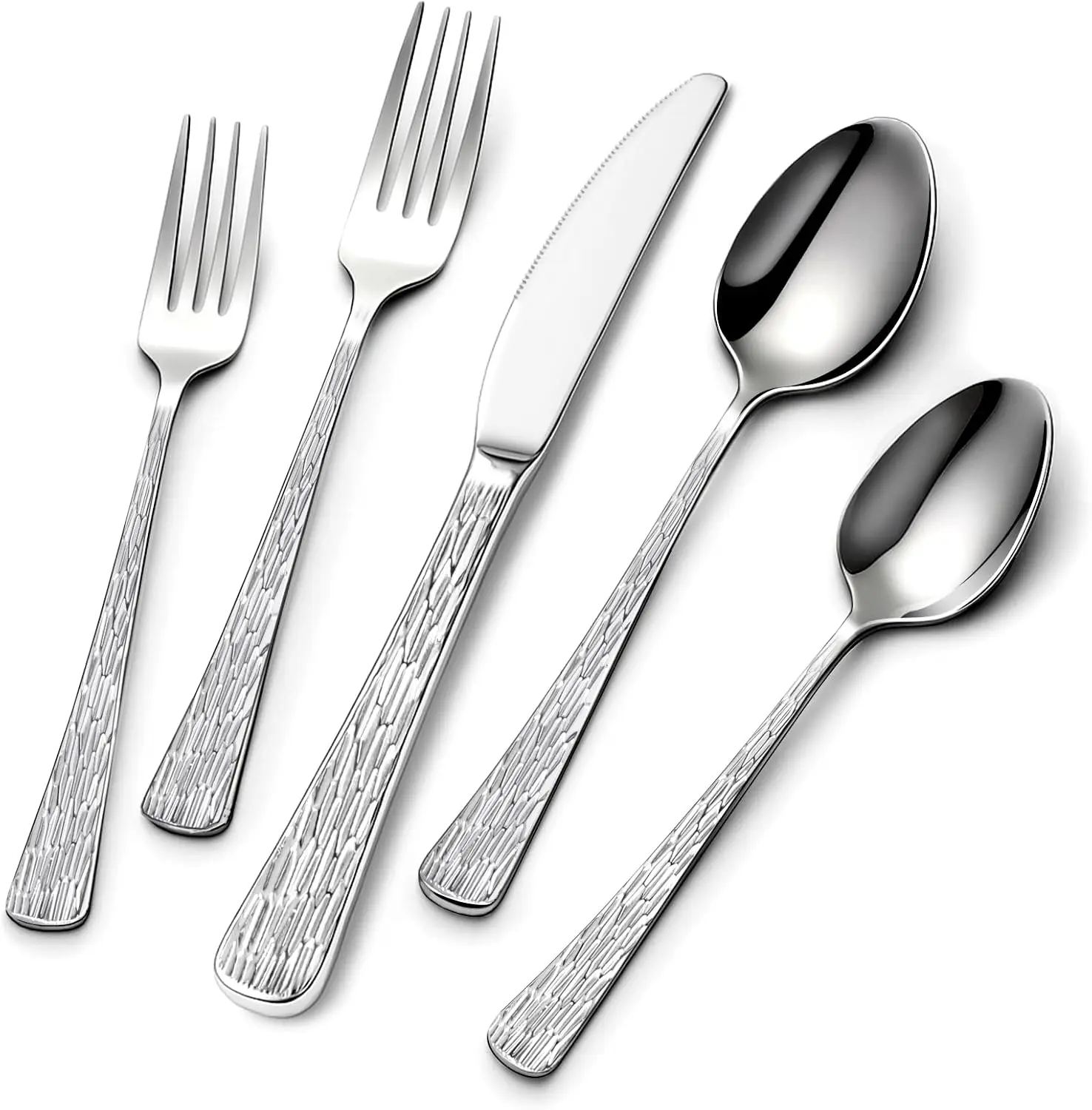 

60-Piece Hammered Silverware Set for 12, Stainless Steel Flatware Set with Tree Pattern Handles, Mirror Polished Cutlery/