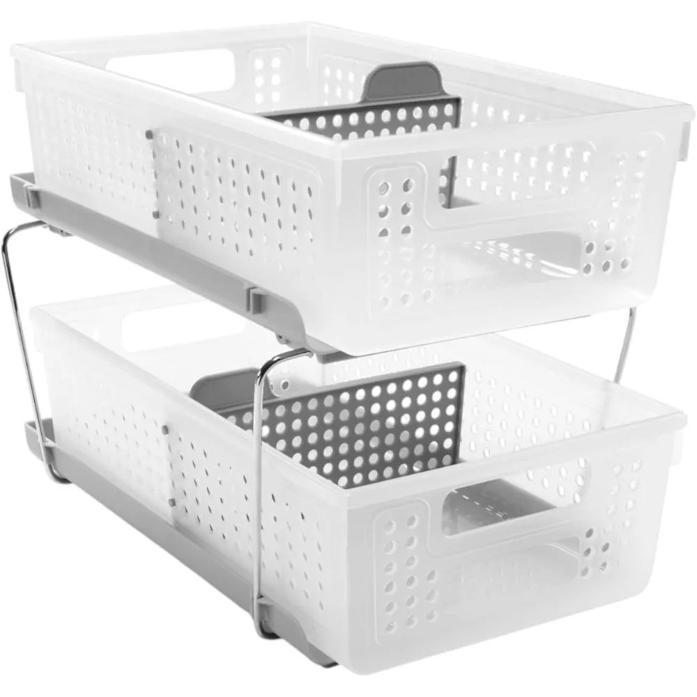 

2-Tier Organizer, Multi-Purpose Slide-Out Storage with Handles and Dividers for Home and Bath, Easy Assembly