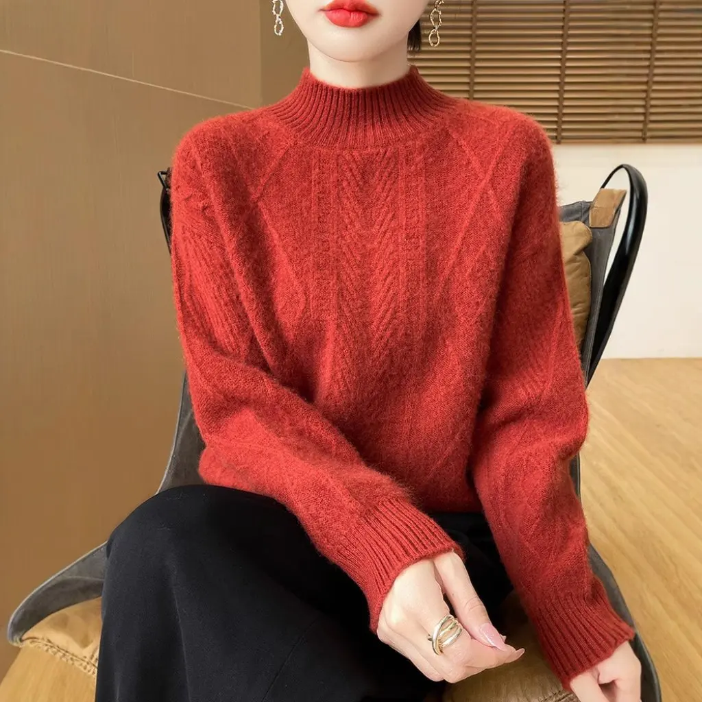 

Women's Thickened Diamond Twisted Flower Wool Sweater 100% Wool Half-turtleneck Base Shirt Lazy Autumn Winter New