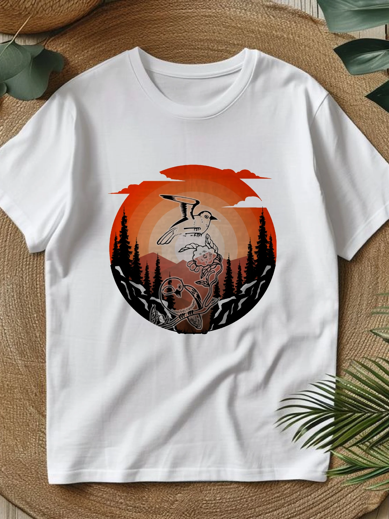 

Женские футболки в китайском стиле, рождественская футболка с короткими рукавами, повседневная повседневная футболка из 100% хлопка с принтом «Закат лесной сцены», Gy