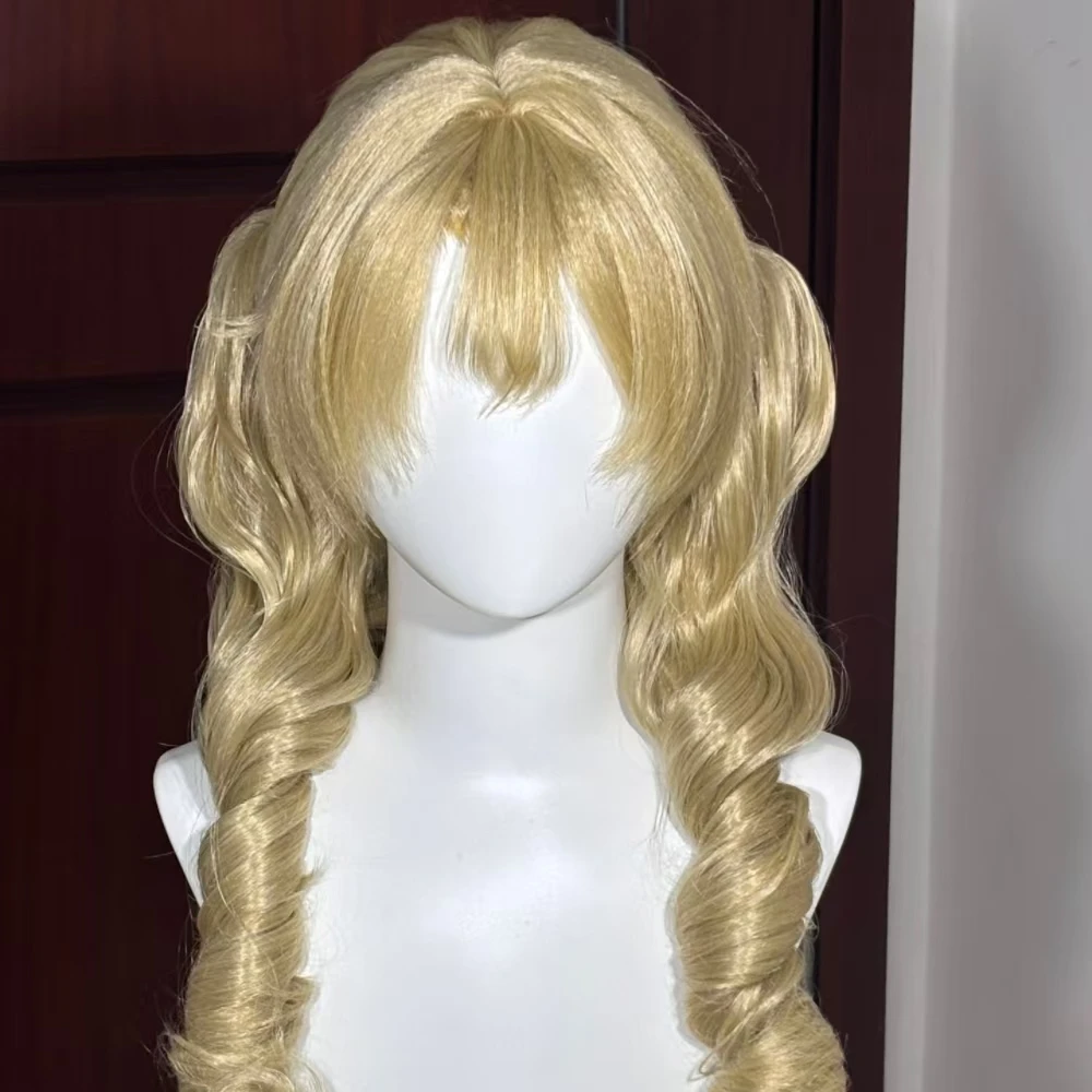 Anime Sotheby Cosplay Wig Golden Blonde Removable Double Ponytails with Roman Curls Heat Resistant Synthetic Fiber Wig Rose Net