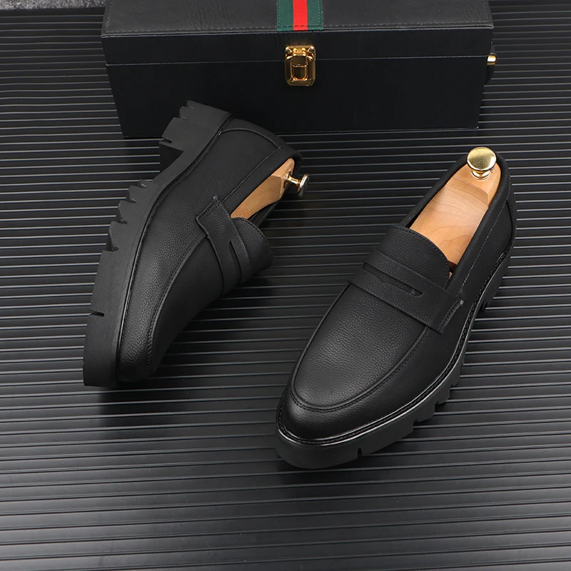 men casual genuine leather shoes slip-on driving shoe business wedding formal dress black trendy platform loafers mans footwear