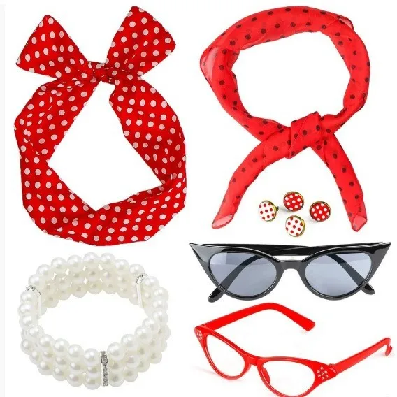 

1950's Womens Costume Accessories - 50s Chiffon Scarf,Cat Eye Glasses,Bandana Tie Headband,Drop Dot Earrings Costume Accessories