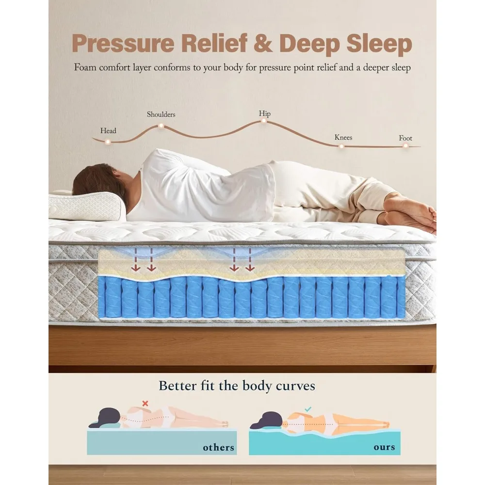 Materasso king size ibrido medio da 12 pollici in una scatola con molle insacchettate per alleviare la pressione e l'isolamento del movimento