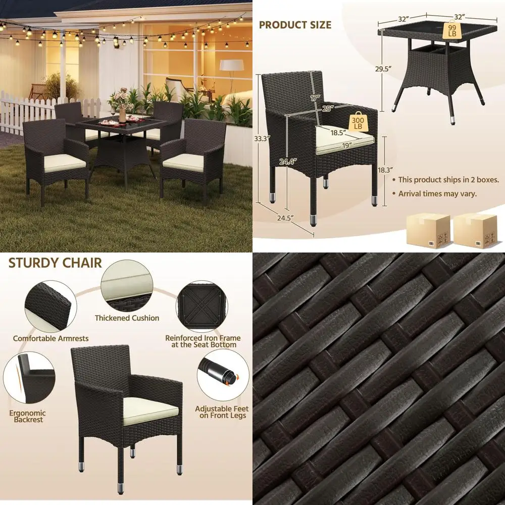 

5-Piece Patio urniture Set, Outdoor Rattan 4 Dining Chairs & Tempered Glass Table with Umbrella Hole, or Garden Backyard Deck Ba